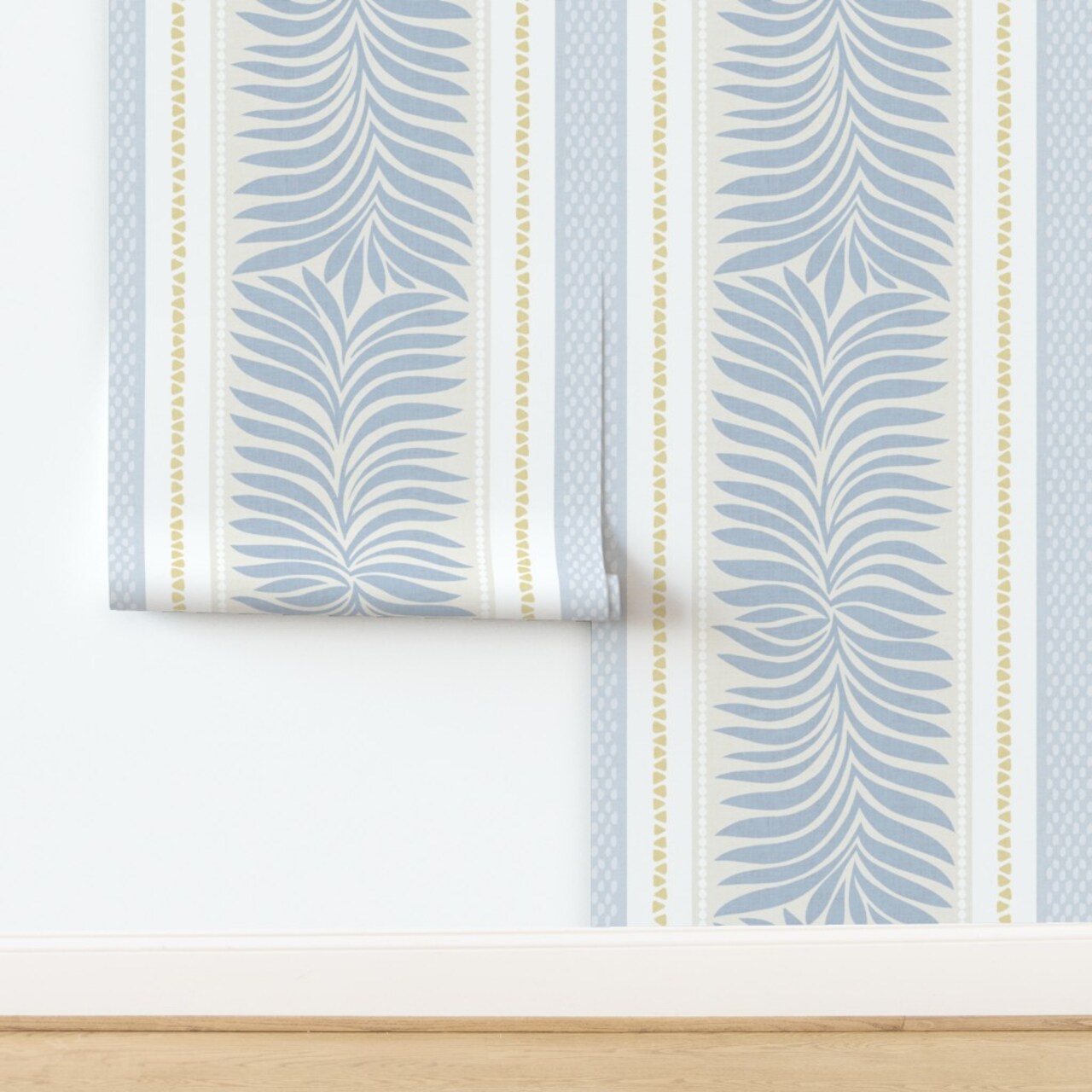 Blue Botanical Tropical Cottage Modern Farmhouse Classic Summer Stripes Preppy Fern Custom Removable Wallpaper by Spoonflower Peel & Stick Wallpaper 2FT Wide